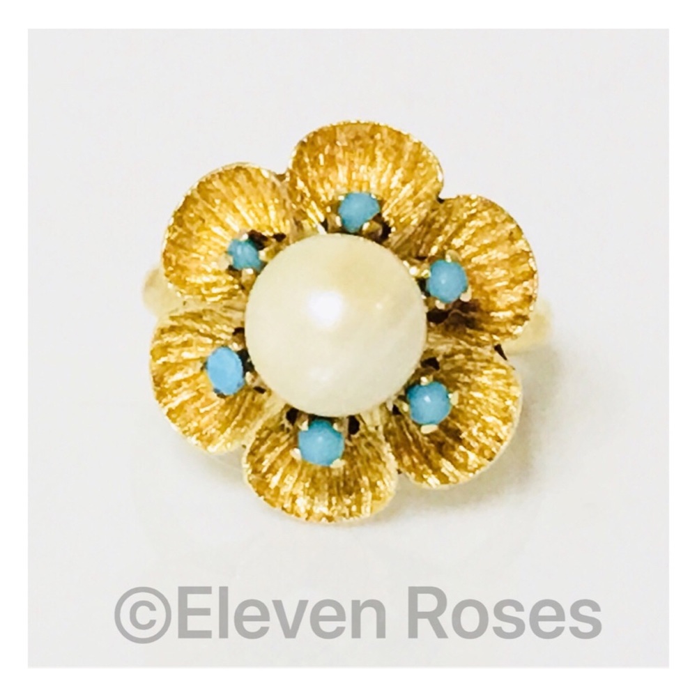 Vintage 18k Gold Turquoise & Pearl Flower Ring